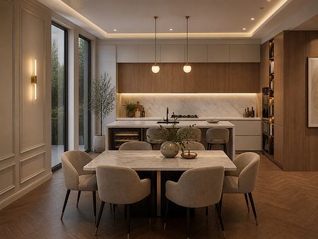 Wnętrze kuchni z marmurowym blatem, drewnianymi meblami, styl minimaluxe i quiet luxury.