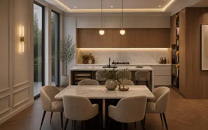 Wnętrze kuchni z marmurowym blatem, drewnianymi meblami, styl minimaluxe i quiet luxury.