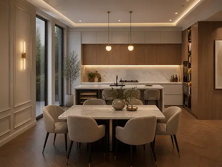 Wnętrze kuchni z marmurowym blatem, drewnianymi meblami, styl minimaluxe i quiet luxury.