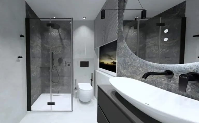 Wnętrze łazienki z prysznicem, umywalką, w stylach industrialnym, rustykalnym, vintage