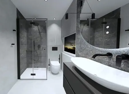 Wnętrze łazienki z prysznicem, umywalką, w stylach industrialnym, rustykalnym, vintage