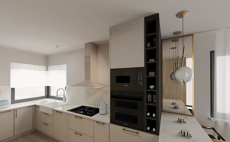 Kuchnia w stylu glamour i nowoczesnym z beżowymi meblami i nowoczesnymi akcesoriami.