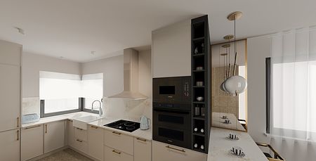 Kuchnia w stylu glamour i nowoczesnym z beżowymi meblami i nowoczesnymi akcesoriami.