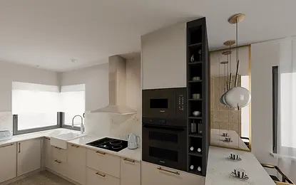 Kuchnia w stylu glamour i nowoczesnym z beżowymi meblami i nowoczesnymi akcesoriami.