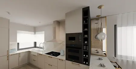 Kuchnia w stylu glamour i nowoczesnym z beżowymi meblami i nowoczesnymi akcesoriami.