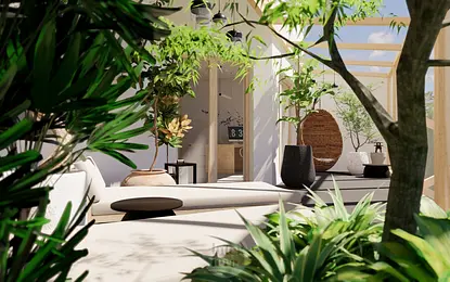 Taras w stylu japandi i minimalistycznym z roślinami i meblami.