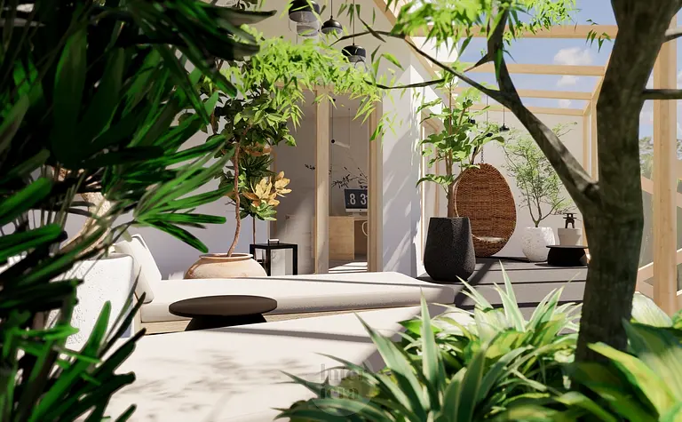 Taras w stylu japandi i minimalistycznym z roślinami i meblami.