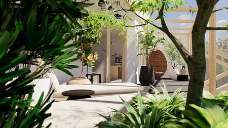 Taras w stylu japandi i minimalistycznym z roślinami i meblami.