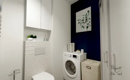 Łazienka z pralką, białymi meblami i niebieską ścianą, nowoczesny design