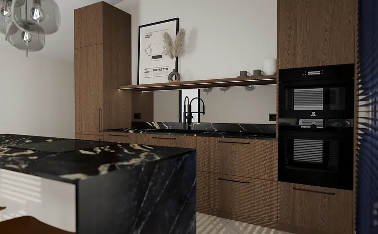 Nowoczesna kuchnia z drewnianymi meblami i czarnym blatem, minimalistyczny design