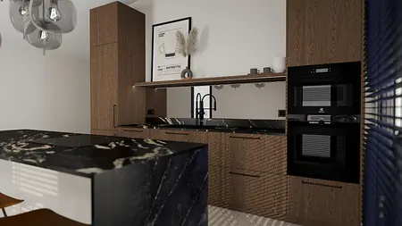 Nowoczesna kuchnia z drewnianymi meblami i czarnym blatem, minimalistyczny design