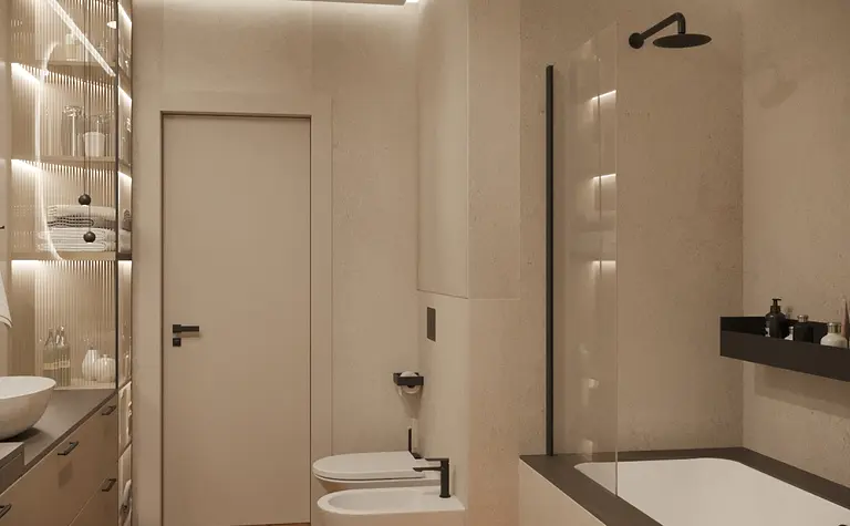 Wnętrze łazienki z minimalistycznym stylem, soft minimalizm i współczesnym wyglądem.