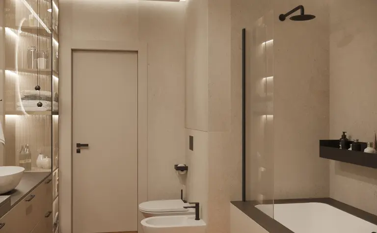Wnętrze łazienki z minimalistycznym stylem, soft minimalizm i współczesnym wyglądem.