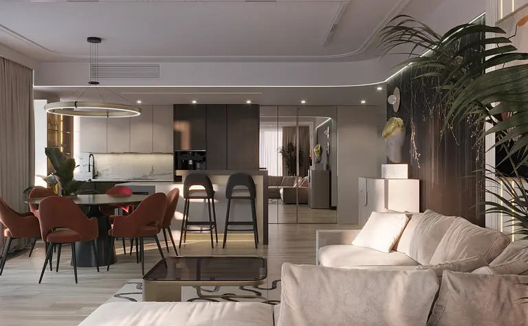 Wnętrze kuchni w stylu art deco i glamour z jadalnią oraz roślinami.