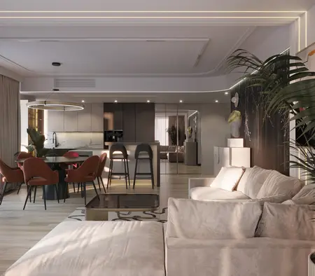 Wnętrze kuchni w stylu art deco i glamour z jadalnią oraz roślinami.