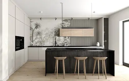 Kuchnia eklektyczna z minimalistycznym wykończeniem, nowoczesne meble i quiet luxury.