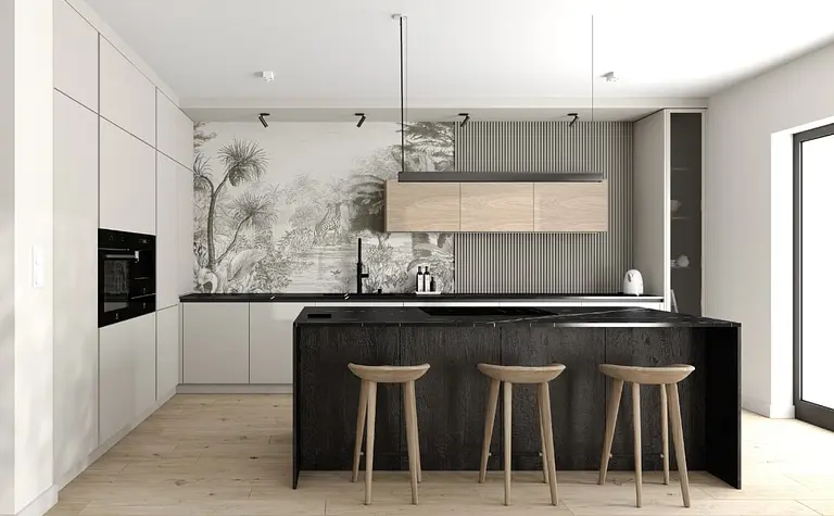 Kuchnia eklektyczna z minimalistycznym wykończeniem, nowoczesne meble i quiet luxury.