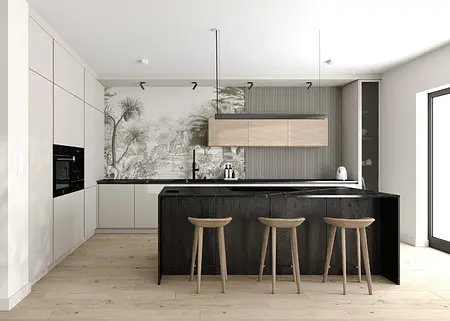 Kuchnia eklektyczna z minimalistycznym wykończeniem, nowoczesne meble i quiet luxury.
