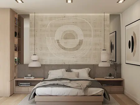 Wnętrze sypialni w stylu japandi i współczesnym z drewnianymi meblami i minimalistycznym oświetleniem.