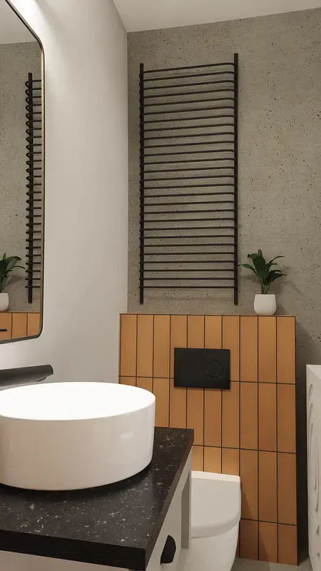 Nowoczesna łazienka z minimalistycznym designem, białą umywalką i drewnianymi detalami.