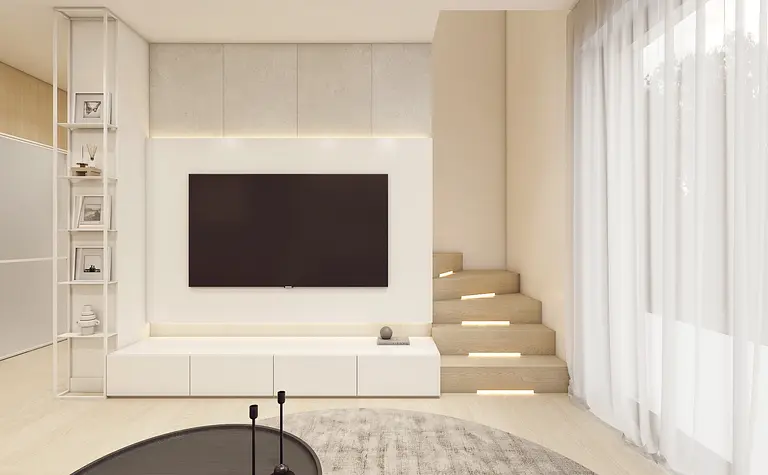 Wnętrze w stylu japandi i minimalistycznym z białą sofą i drewnianymi schodami.
