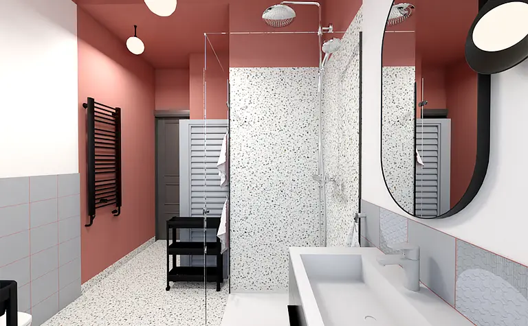 Nowoczesna łazienka z różowymi ścianami i terakotą w stylu dopamine decor.