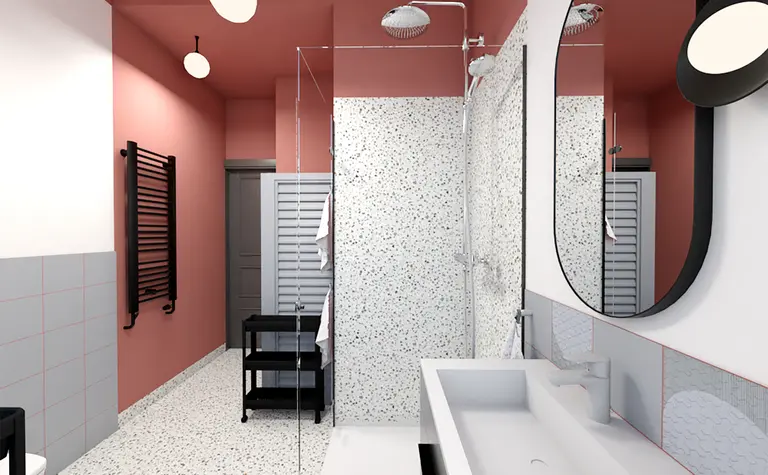 Nowoczesna łazienka z różowymi ścianami i terakotą w stylu dopamine decor.