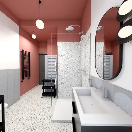 Nowoczesna łazienka z różowymi ścianami i terakotą w stylu dopamine decor.