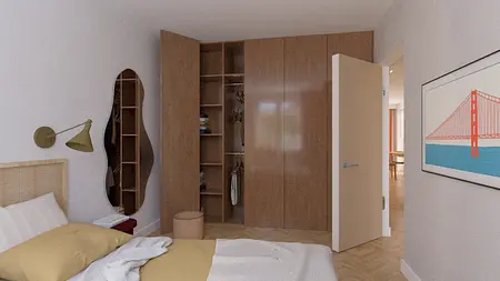 Wnętrze sypialni z drewnianą szafą, lustrem i jasnymi akcentami, styl dopamine decor, eklektyczny, współczesny.