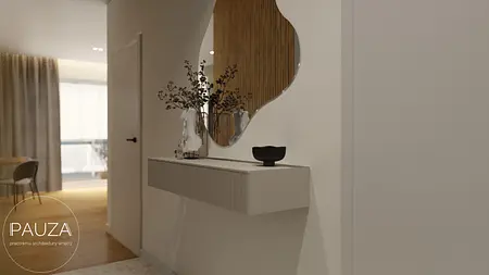 Przedpokój w stylu japandi, nowoczesny z lustrem i dekoracjami.