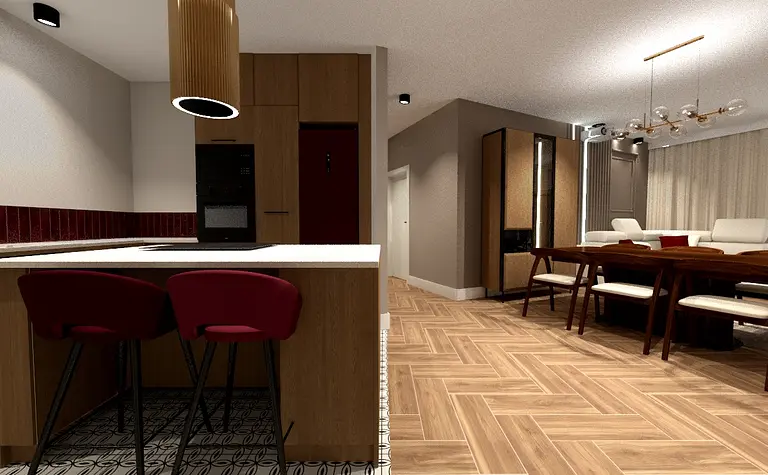 Eklektyczne wnętrze kuchni z drewnianymi meblami i czerwoną lodówką.