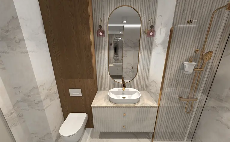 Nowoczesna łazienka z drewnianymi detalami i eleganckimi akcesoriami.