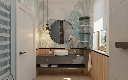 Wnętrze łazienki z elementami art deco, glamour i minimalistycznymi akcentami.