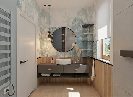 Wnętrze łazienki z elementami art deco, glamour i minimalistycznymi akcentami.