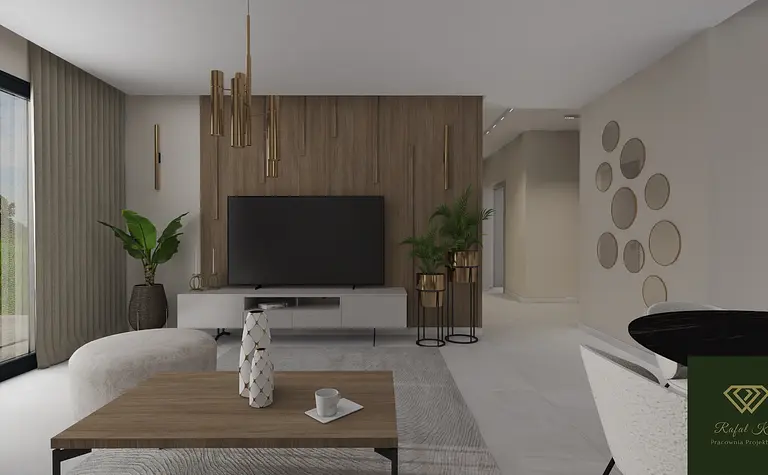 Wnętrze salonu z dużym telewizorem, drewnianą ścianą oraz nowoczesnym oświetleniem.