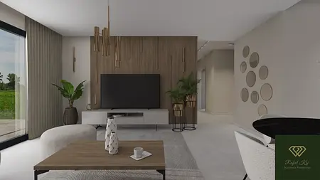 Wnętrze salonu z dużym telewizorem, drewnianą ścianą oraz nowoczesnym oświetleniem.