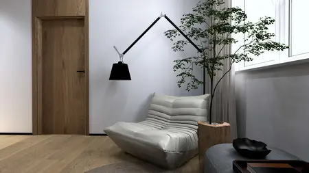 Wnętrze nowoczesnego salonu z kanapą i rośliną