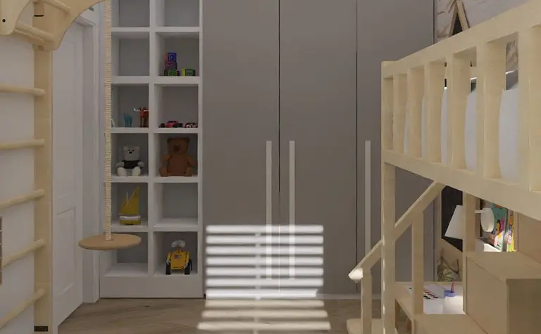 Pokój dziecięcy z łóżkiem piętrowym, szafą i zabawkami, minimalistyczny design.
