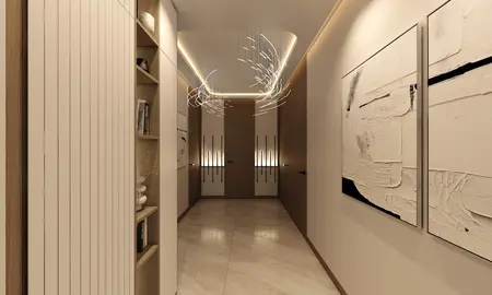 Nowoczesny przedpokój z detalami japandi, jasnymi ścianami i drewnianymi elementami.