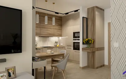Wnętrze kuchni w stylu dopamine decor, japandi, nowoczesnym, skandynawskim, soft minimalizm.