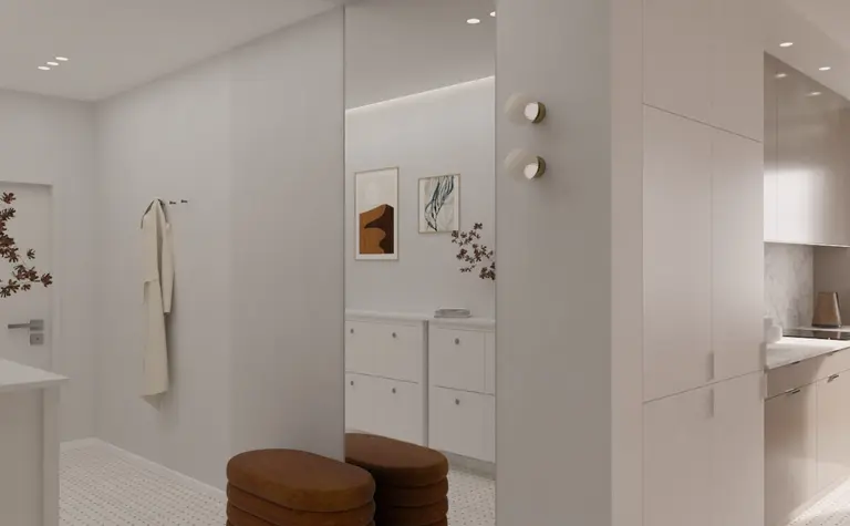 Wnętrze w stylu minimalistycznym i vintage z białymi meblami oraz brązowymi dodatkami.