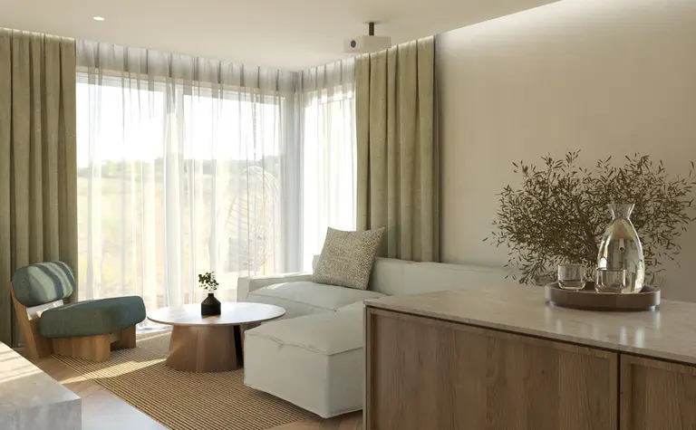 Wnętrze salonu w stylach japandi, soft minimalizm, vintage z jasnymi meblami.