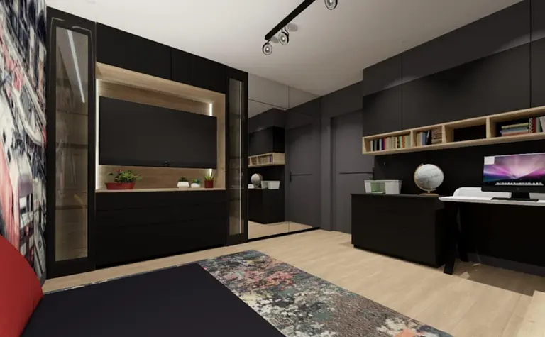 Gabinet w stylu industrialnym z drewnianymi akcentami i czarnymi meblami