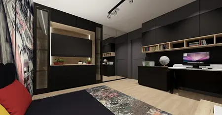 Gabinet w stylu industrialnym z drewnianymi akcentami i czarnymi meblami