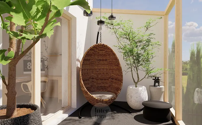 Wnętrze balkonu w stylu japandi z huśtawką i roślinami