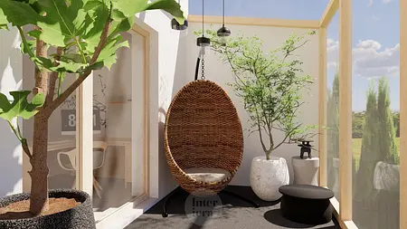 Wnętrze balkonu w stylu japandi z huśtawką i roślinami