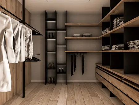 Garderoba minimalistyczna z drewnianymi półkami, soft minimalizm i współczesny design.