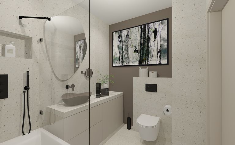 Wnętrze łazienki z minimalistycznym designem i jasnymi meblami.