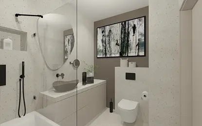 Wnętrze łazienki z minimalistycznym designem i jasnymi meblami.