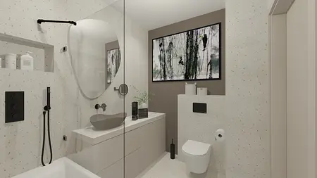 Wnętrze łazienki z minimalistycznym designem i jasnymi meblami.